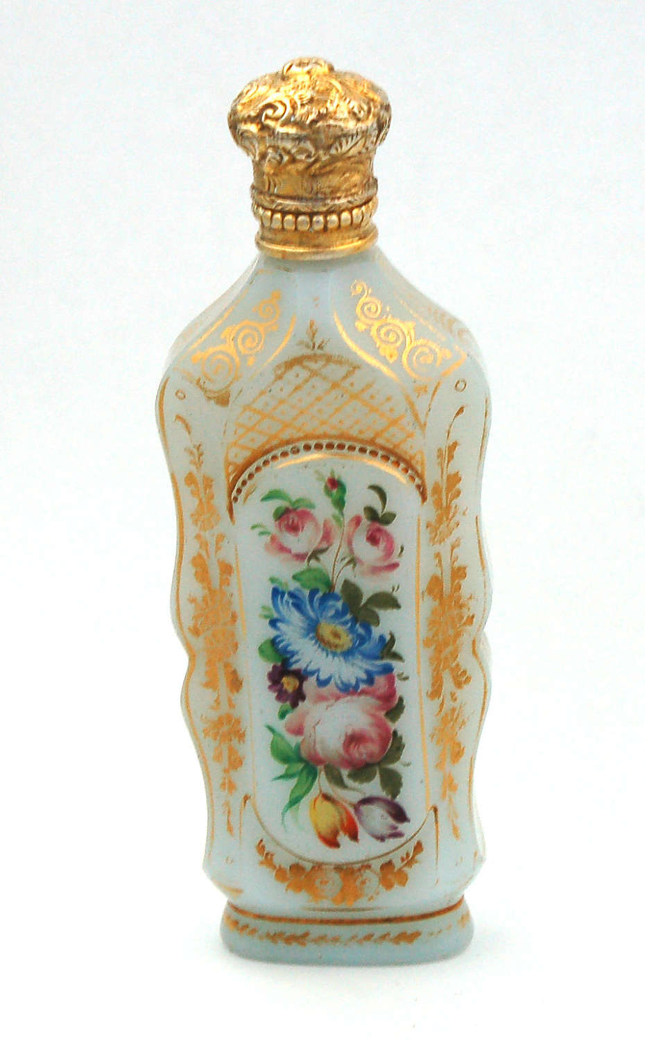 White glass scent with enamel flower decoration