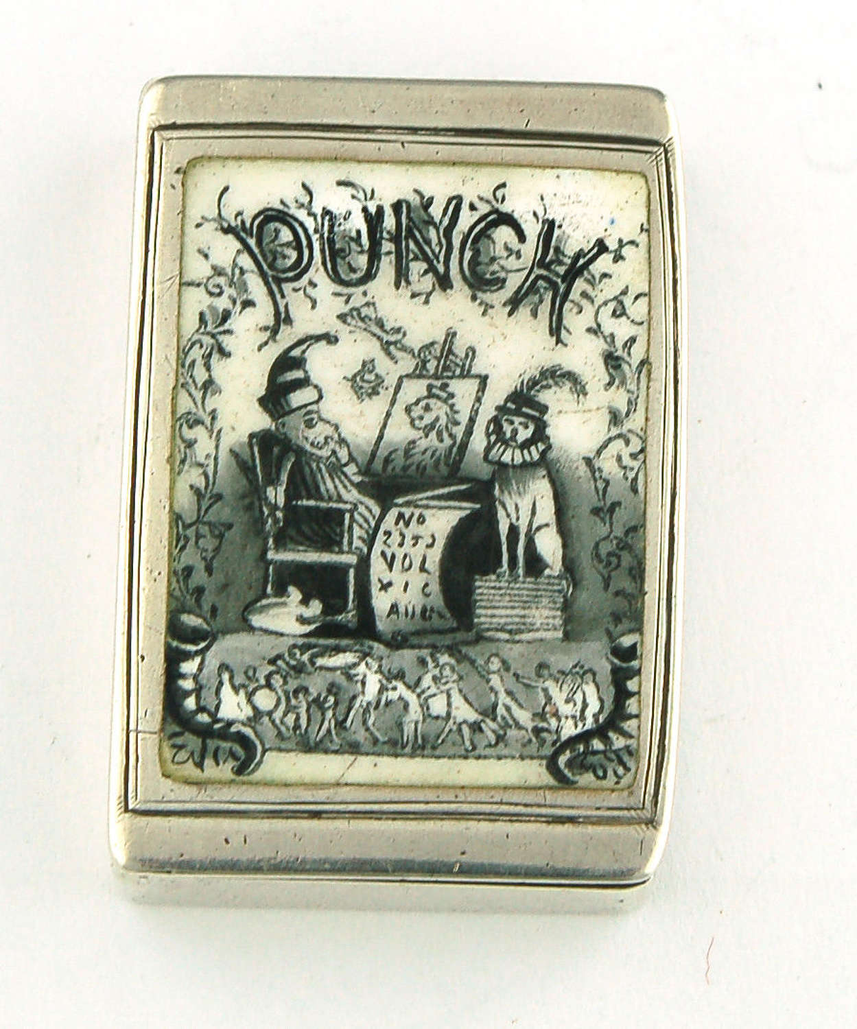 Silver and enamel Punch vesta case 1886
