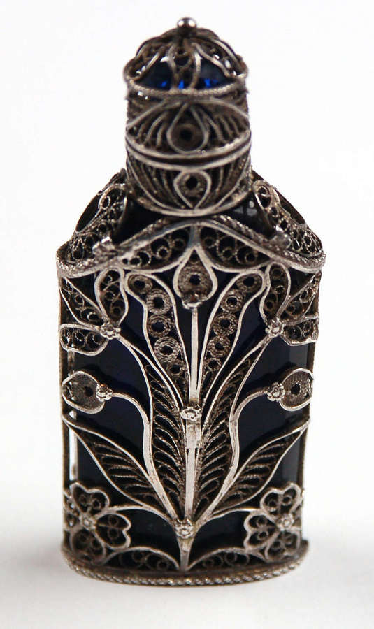 Blue glass scent with silver filigree cagework C1795