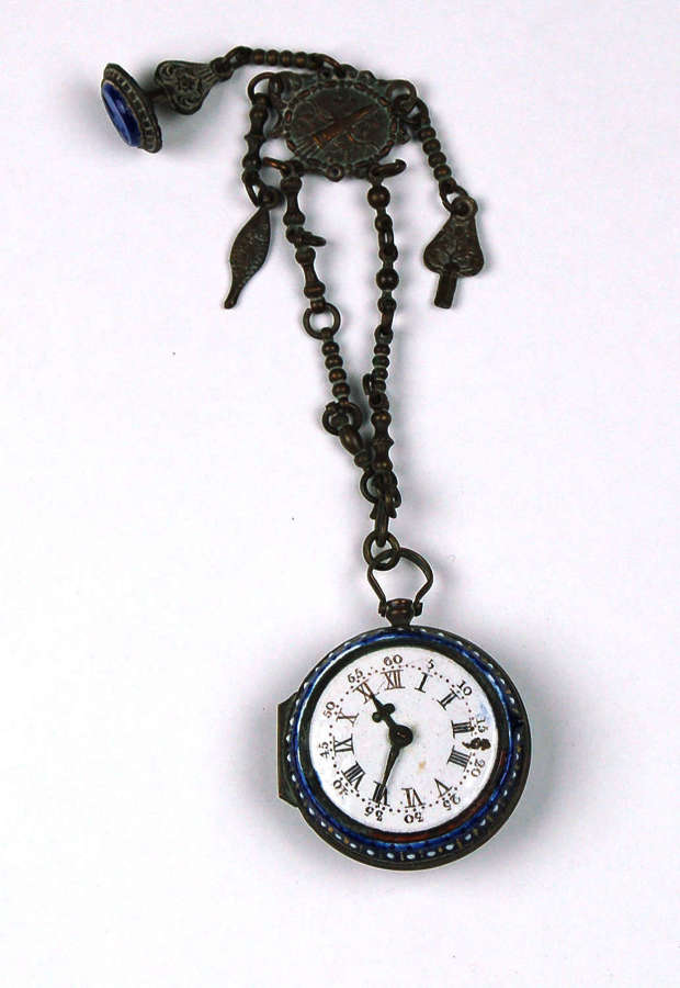 Enamel fausse montre with moving hands and chatelaine C1780