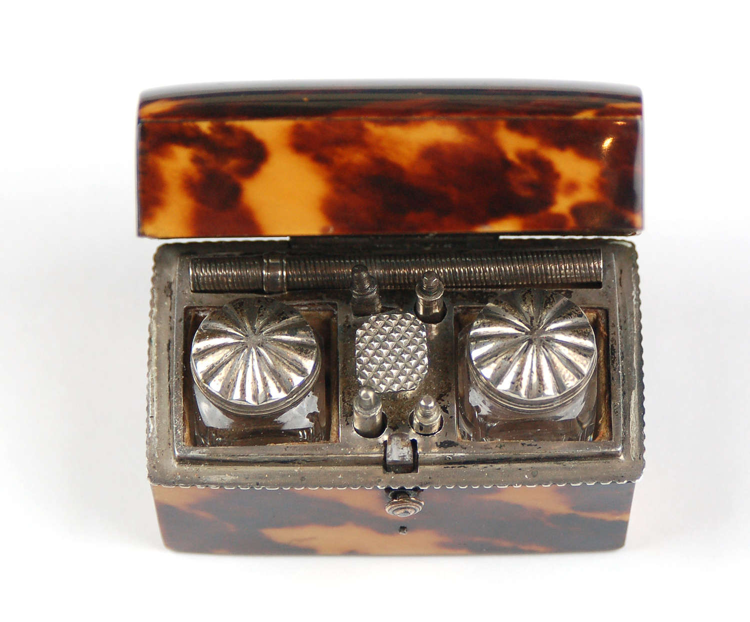 Tortoiseshell and silver travelling inkwell C1765