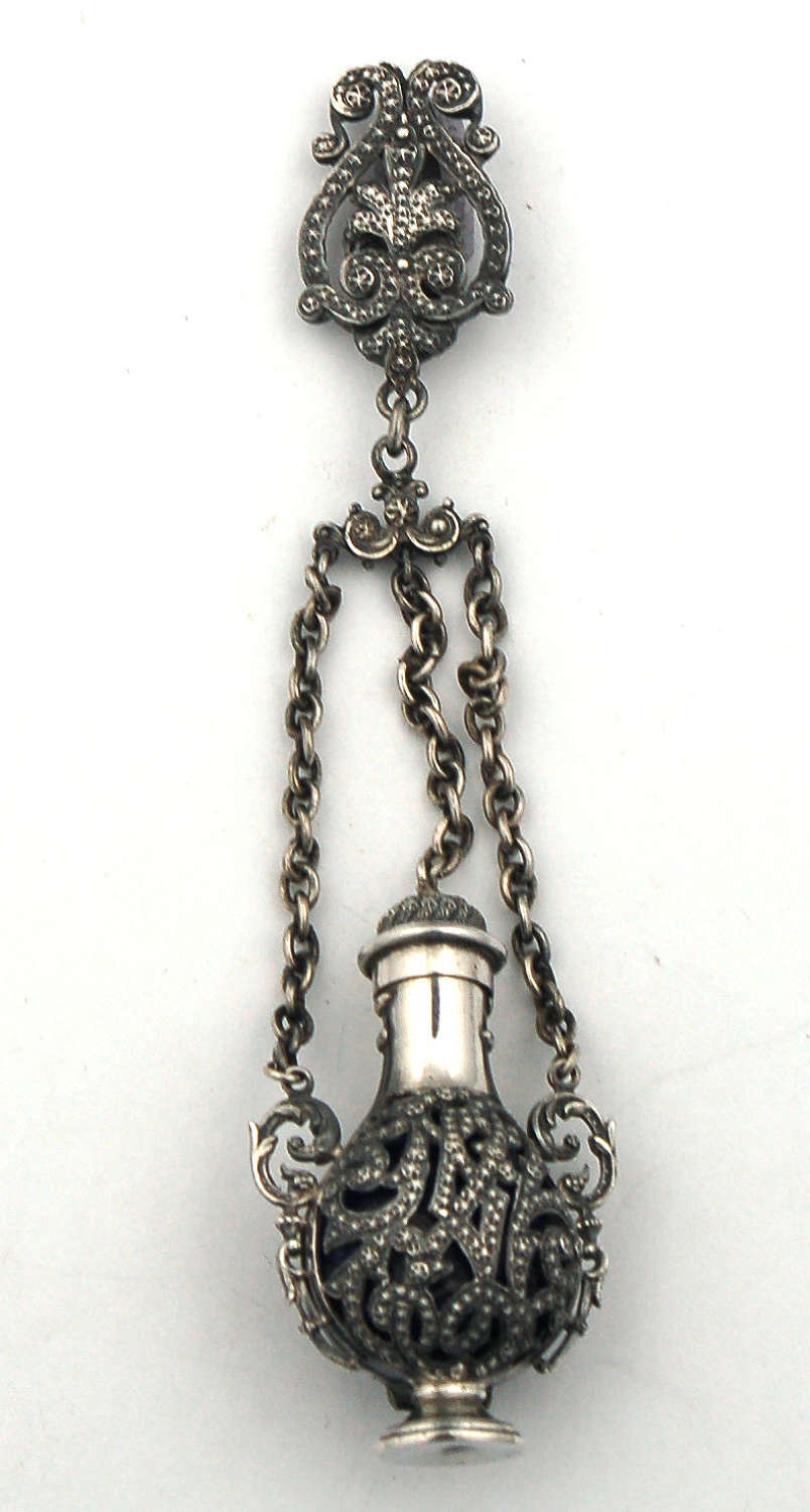Blue glass and silver cagework chatelaine scent C1870