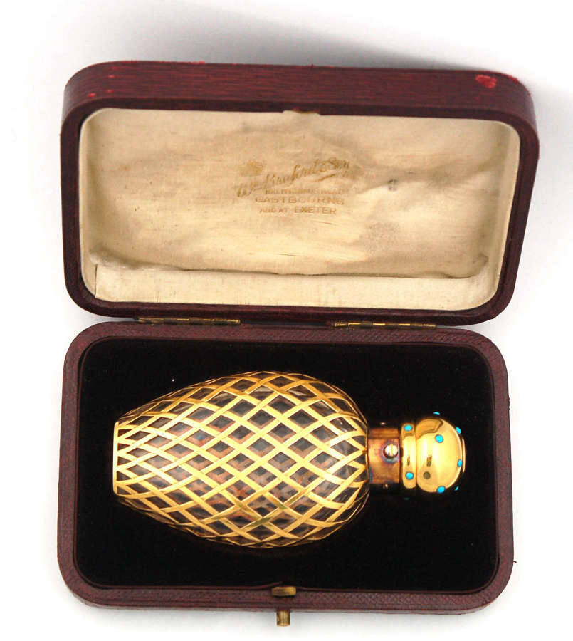 Gold lattice-work scent in fitted box by Hancock & Co C1870