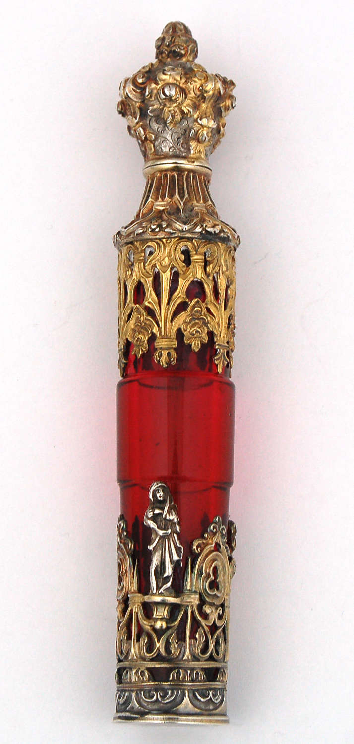 Red glass scent with ornate Gothic silver-gilt decoration C1840