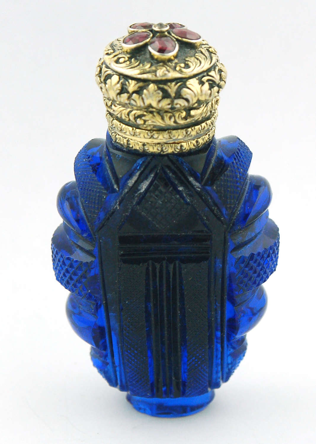 Blue glass scent with jewelled lid C1840