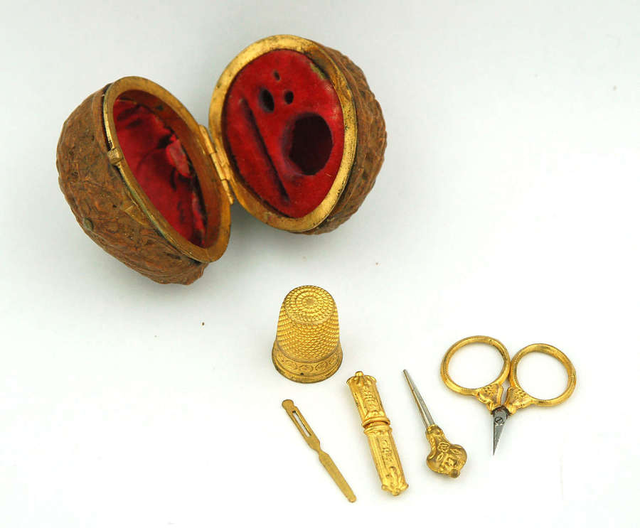 Real walnut shell sewing necessaire C1840