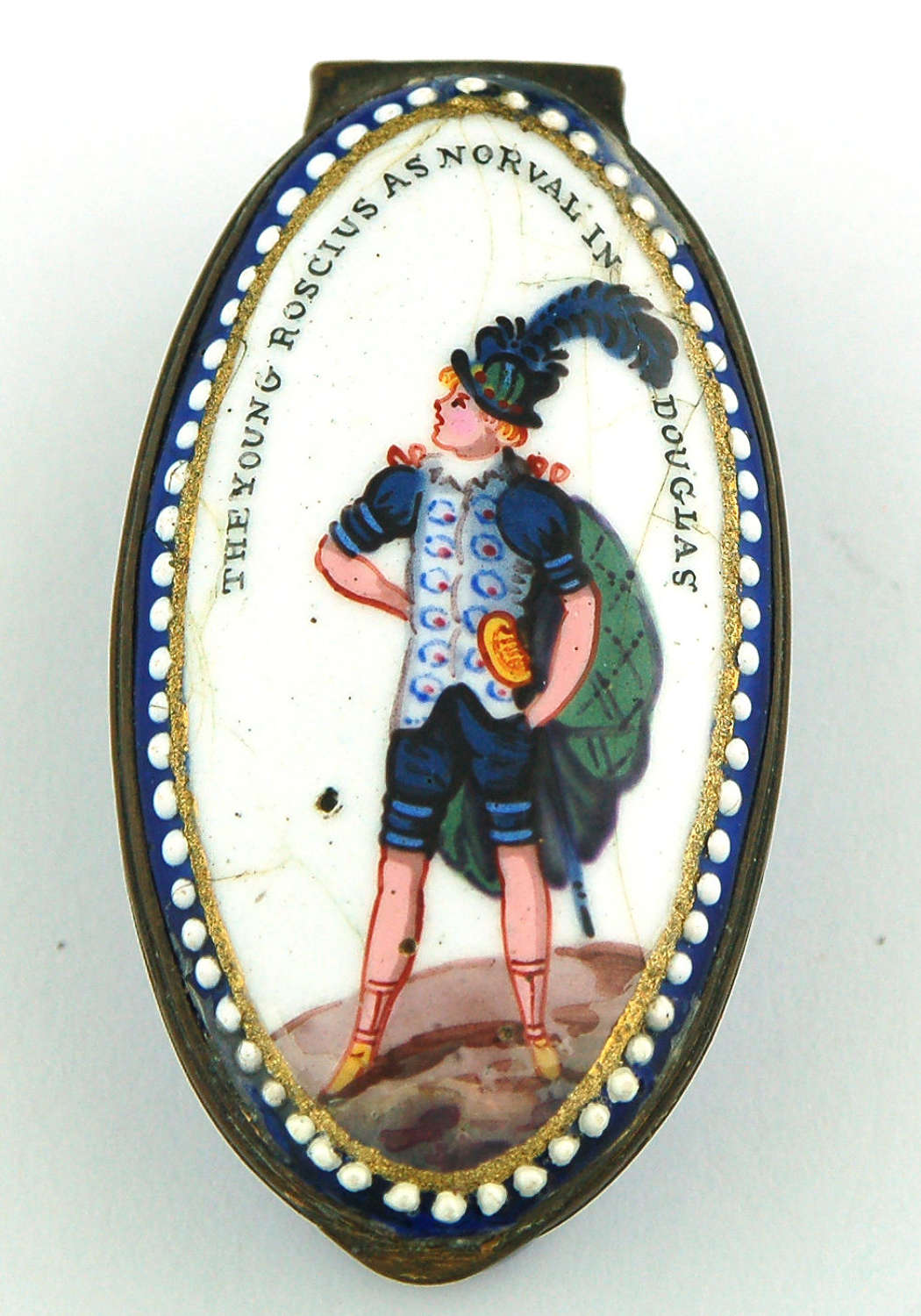 Enamel patch box depicting the Young Roscius as Norval C1805