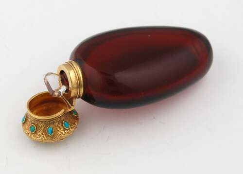 Ruby glass scent with turquoise-set gold engraved top C1840