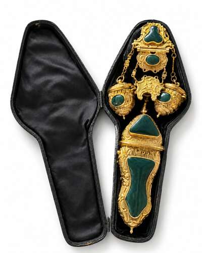 Bloodstone and copper gilt etui and chatelaine in fitted box C1765